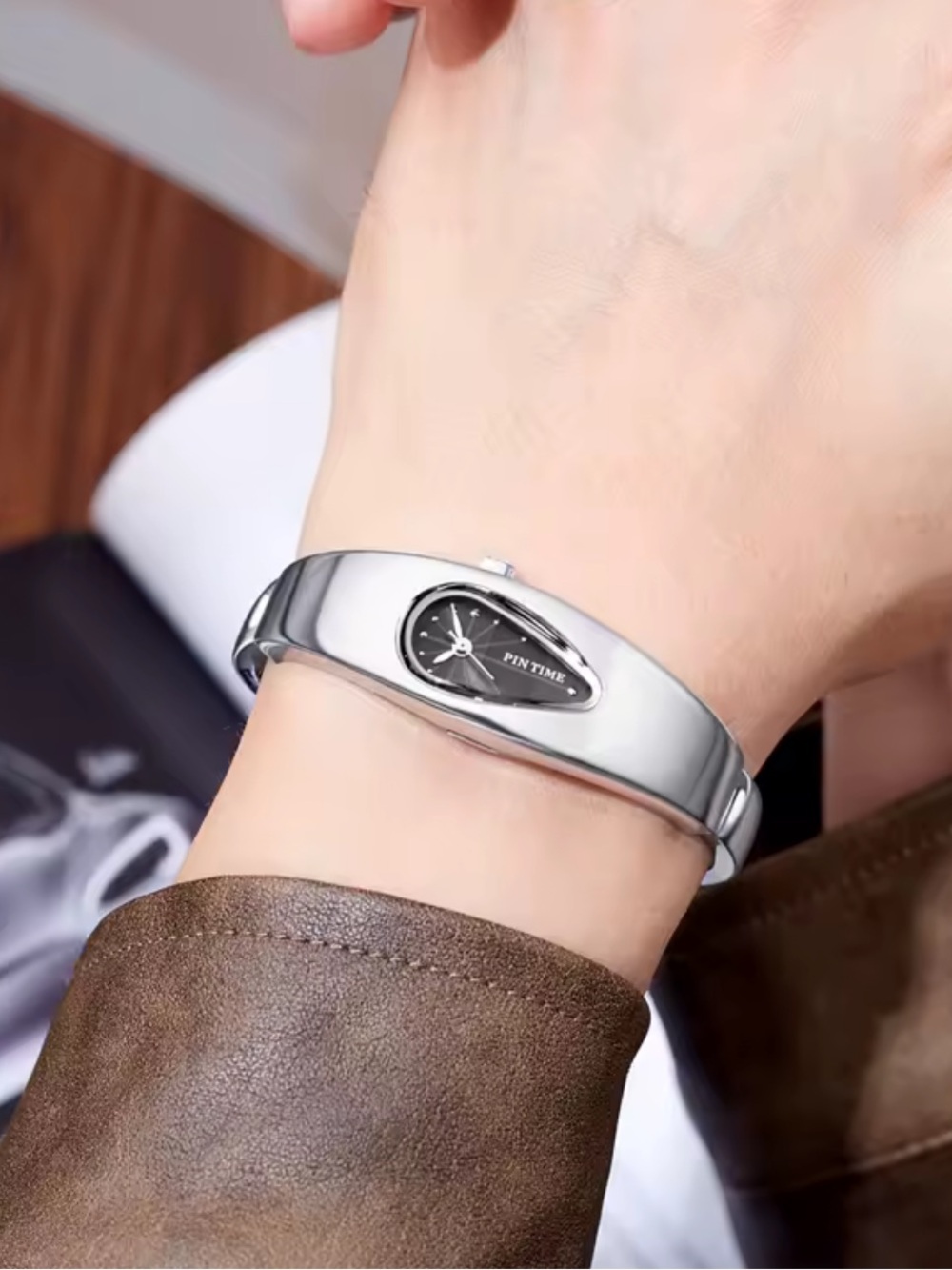 PIN TIME Men's Silver Bangle Watch with Black Dial